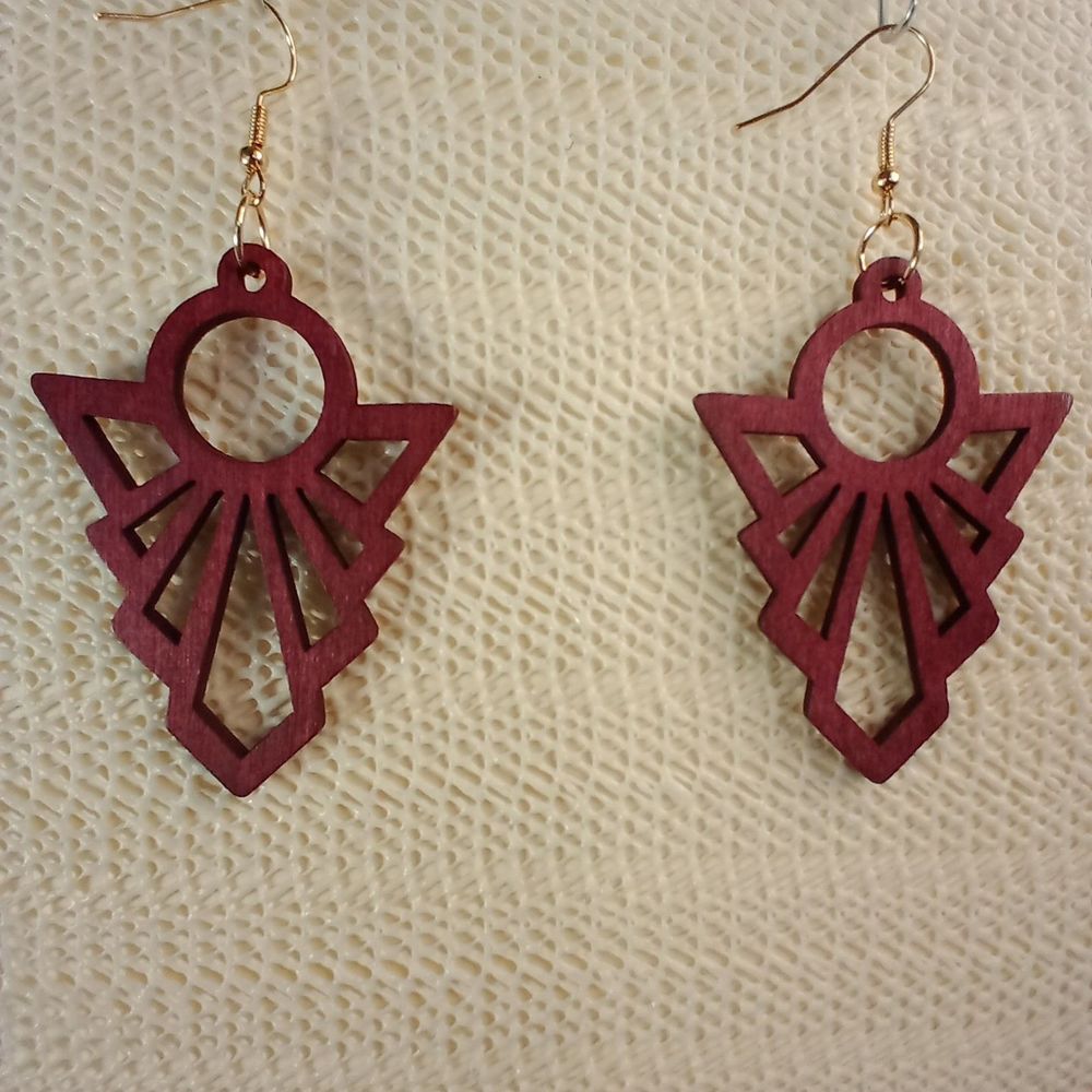 BOHO RED WOODEN Bohemian Geometric Drop Laser Cut 3" Earrings